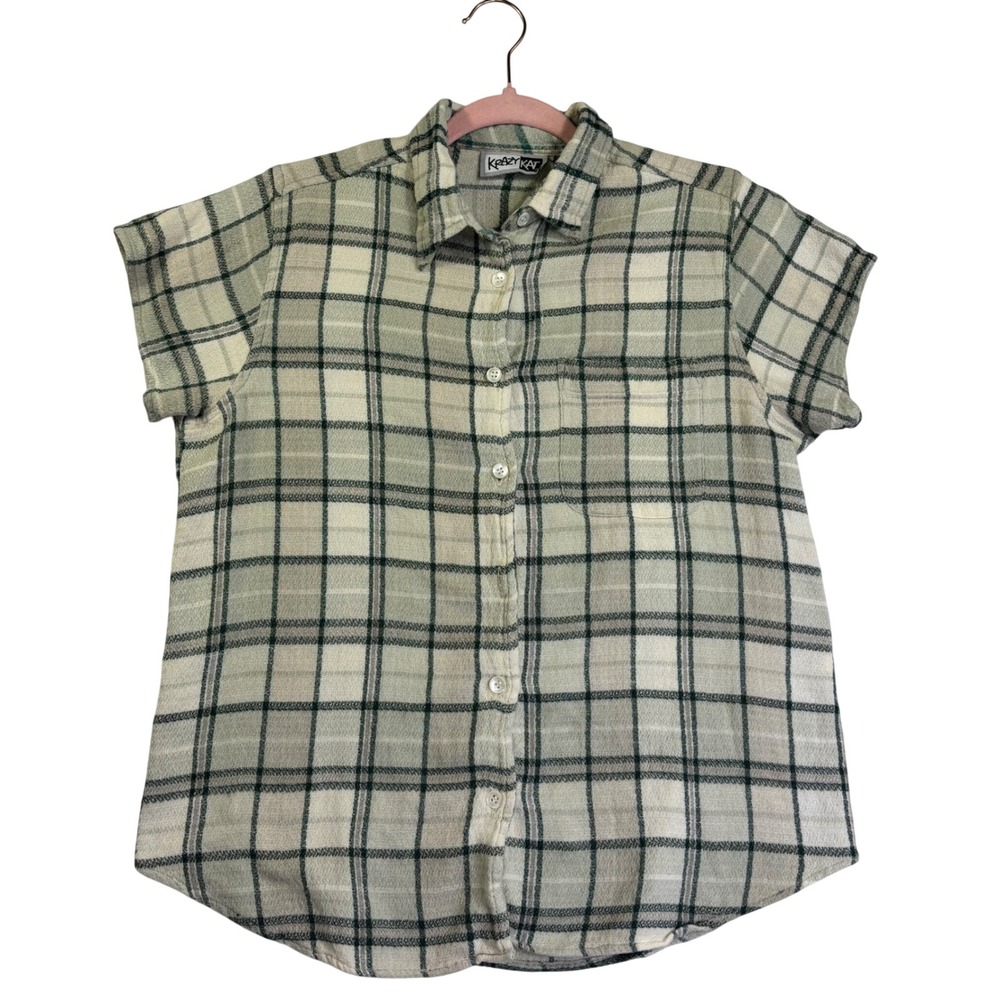 VTG Krazy Kat Womens Green Plaid Short Sleeve Button Down Shirt Cotton Rayon L